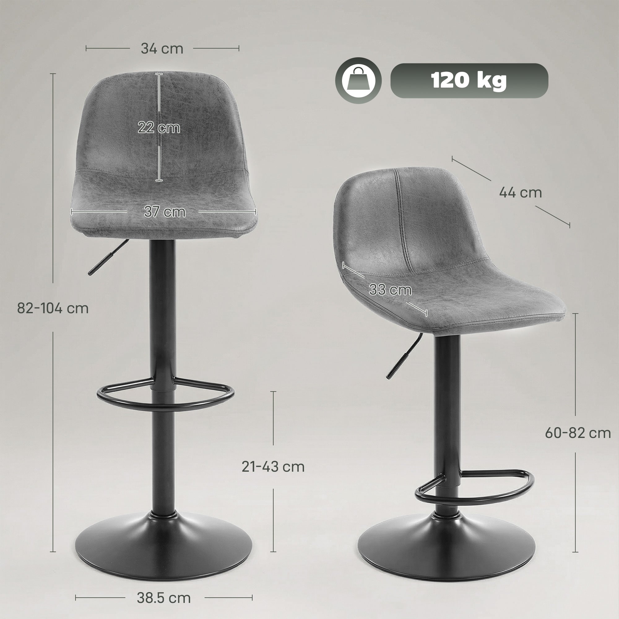 HOMCOM Bar Stools Set of 2, Modern Swivel Barstools with Footrest for Kitchen Island and Dining Room, Grey 
