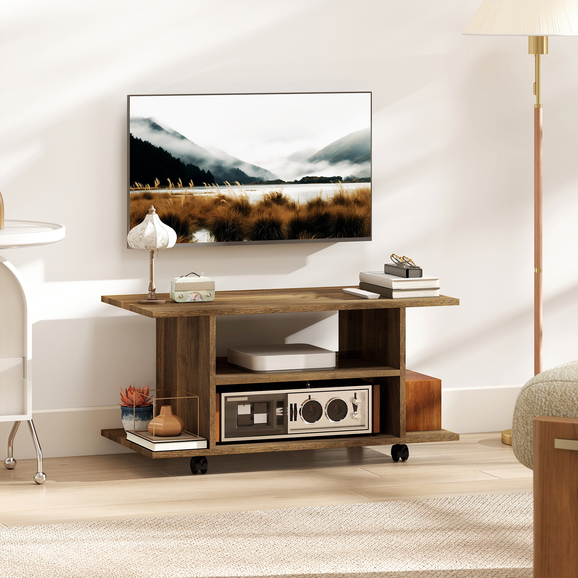 HOMCOM Modern TV Cabinet Stand Storage Shelves Table Mobile Bedroom Furniture Bookshelf Bookcase Walnut 