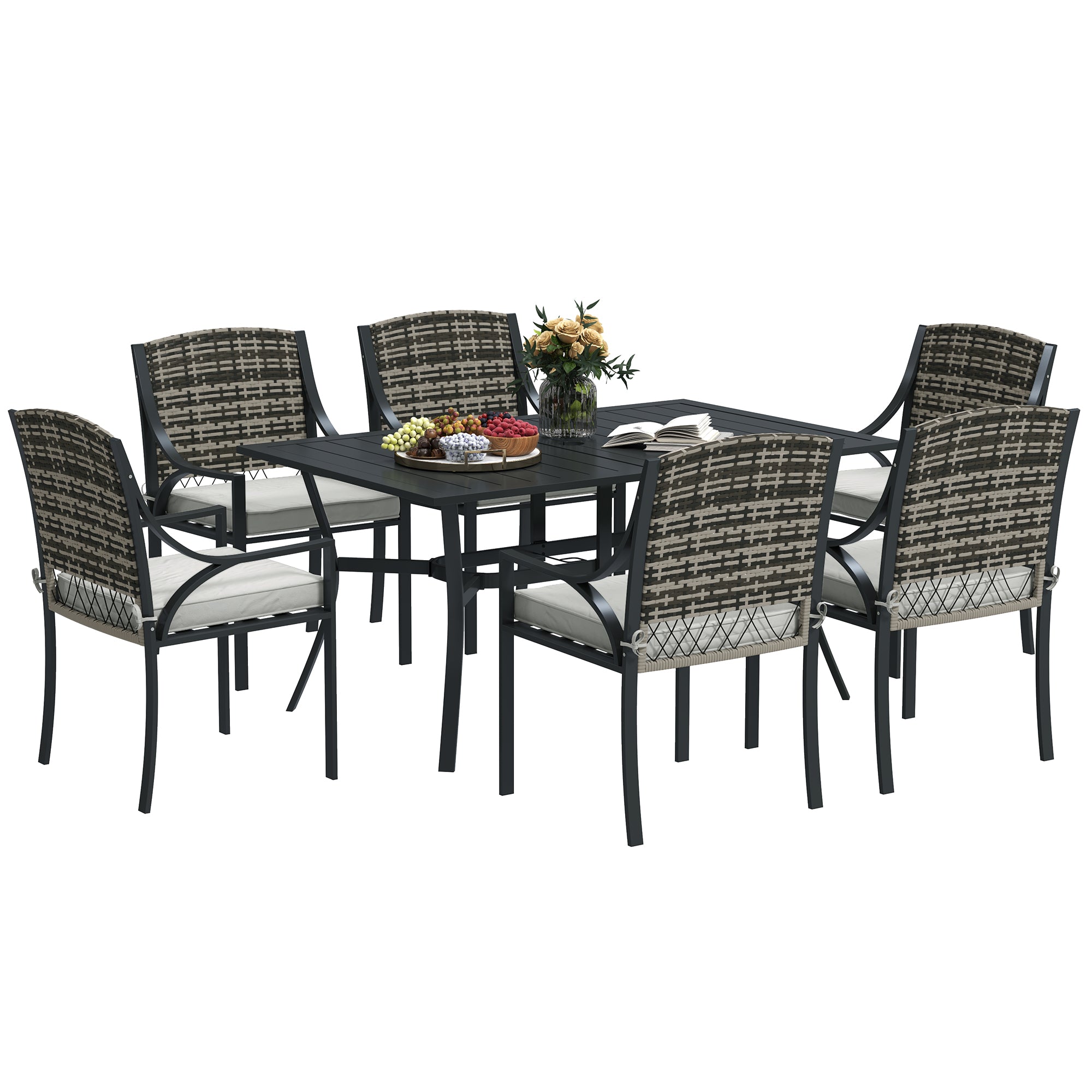 Outsunny Rattan Garden Furniture Set with Cushions, 6 Seater Rattan Dining Set with 6 Armchairs, 150 x 96cm Rectangular Table, Umbrella Hole, for Outdoor, Patio, Balcony, Terrace, Conservatory 