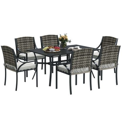 Outsunny Rattan Garden Furniture Set with Cushions, 6 Seater Rattan Dining Set with 6 Armchairs, 150 x 96cm Rectangular Table, Umbrella Hole, for Outdoor, Patio, Balcony, Terrace, Conservatory 