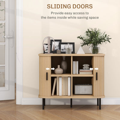 HOMCOM Mid-Century Modern Sideboard Storage Cabinet with Slatted Tambour Sliding Doors, Kitchen Cabinet with Steel Legs, Oak Tone 