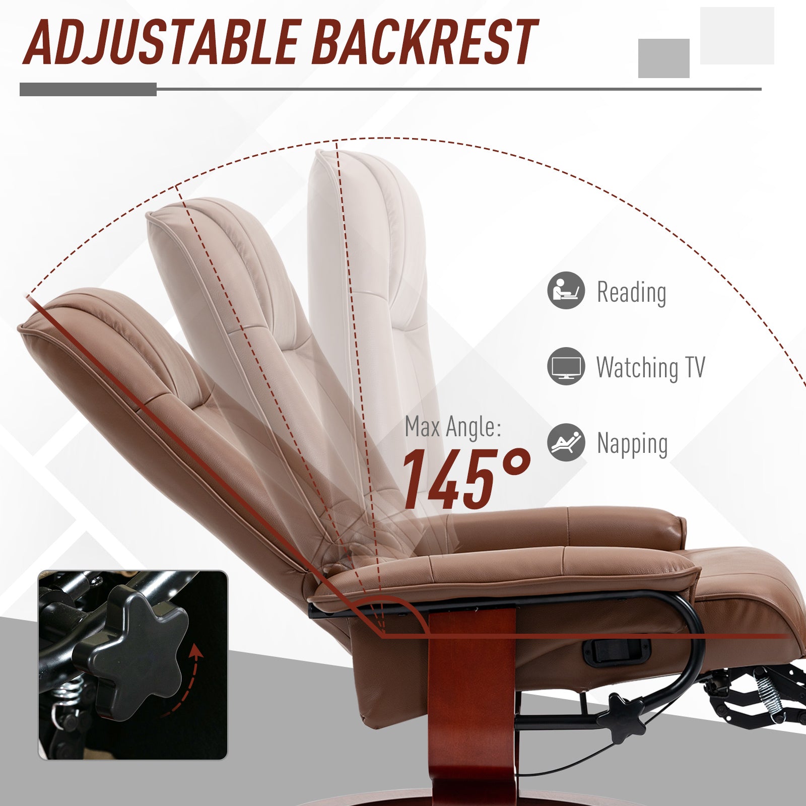 HOMCOM Faux Leather Armchair, with 145\'c2\'b0 Reclining Back and Footrest - Brown