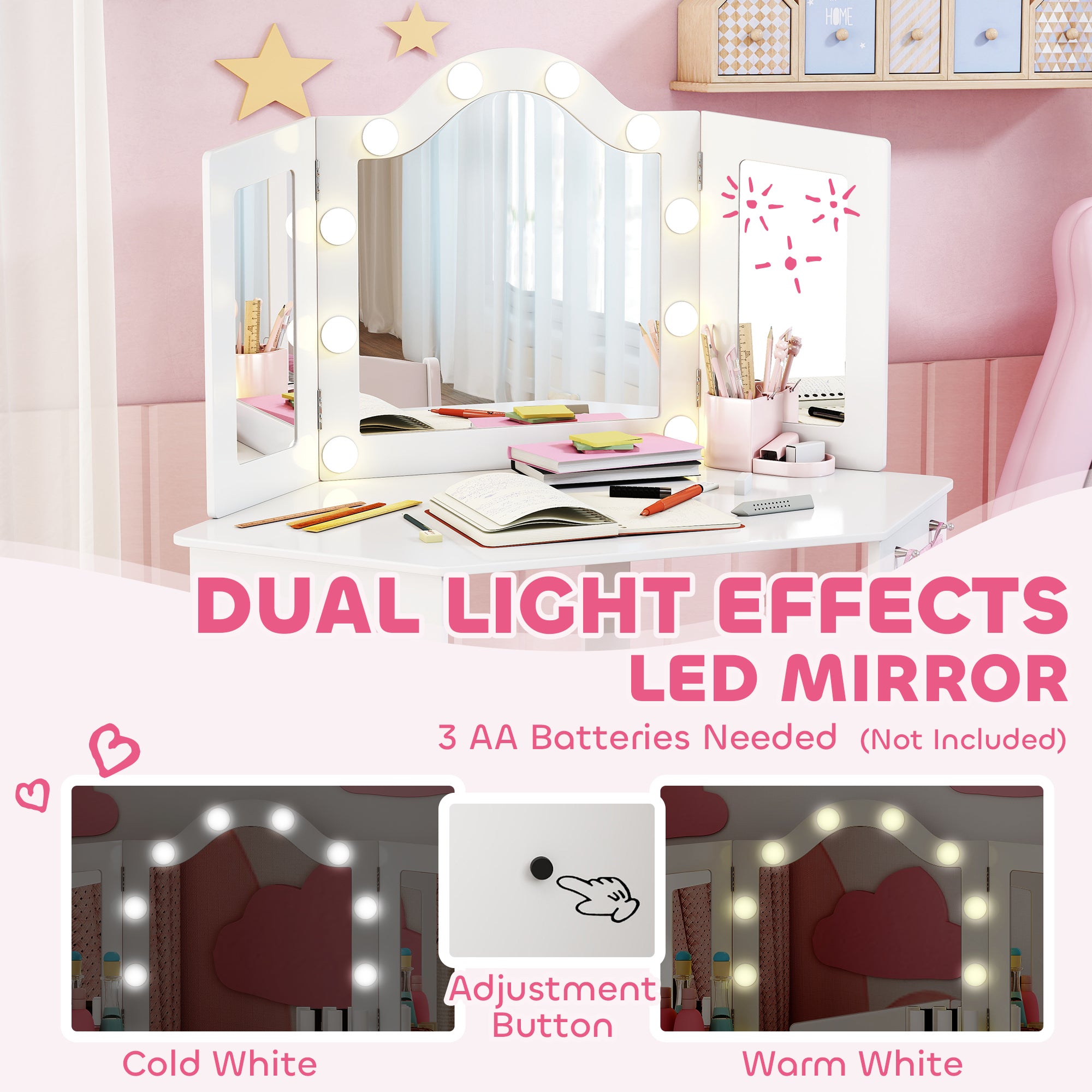 AIYAPLAY Kids Dressing Table and Stool Set, Girls Vanity Table with 2-Colour LED Lights, Tri-Folding Mirror, White 