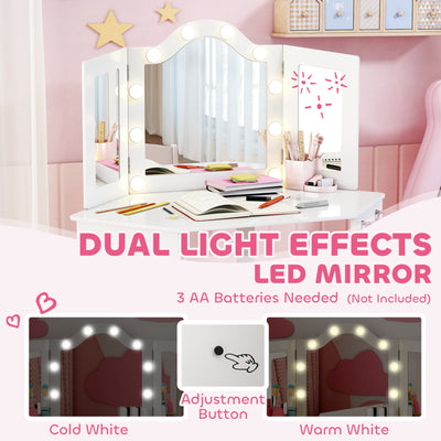 AIYAPLAY Kids Dressing Table and Stool Set, Girls Vanity Table with 2-Colour LED Lights, Tri-Folding Mirror, White 