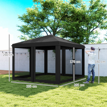 Outsunny 3 x 3\'c2\'a0m Pop Up Gazebo, 420D Garden Tent Canopy with Removable Mesh Sidewall Netting, Carry Bag for Garden Patio Outdoor, Black