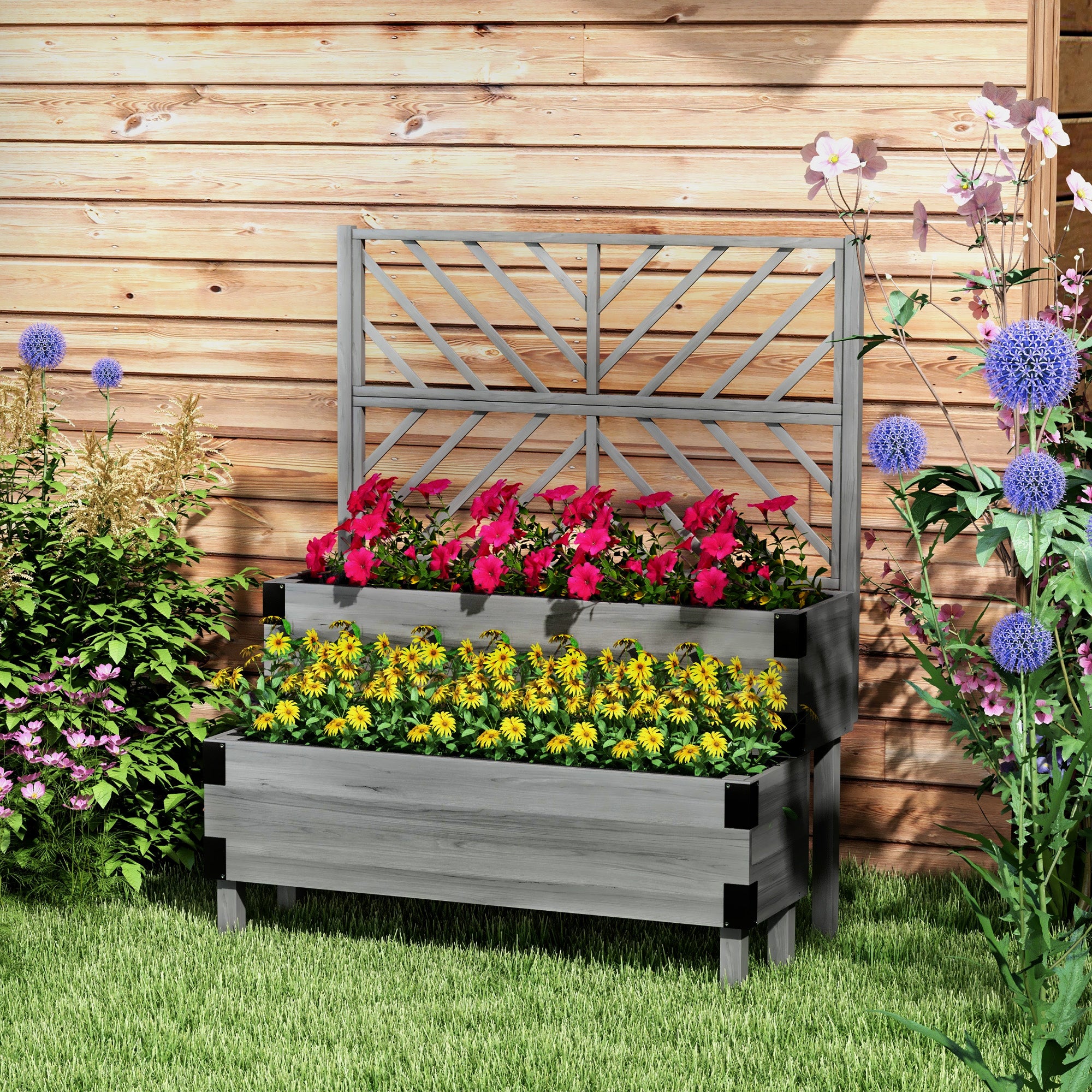 Outsunny Raised Garden Bed with Trellis, 2-Tier Wooden Elevated Planter Box  for Vegetables, Flowers, Herbs, Grey 