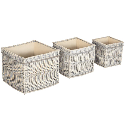 Outsunny Set of 3 Log Baskets for Wood Burner Indoor, Round Storage Basket with Lining and Rope Handles for Fireside Storage, Blankets, Beige