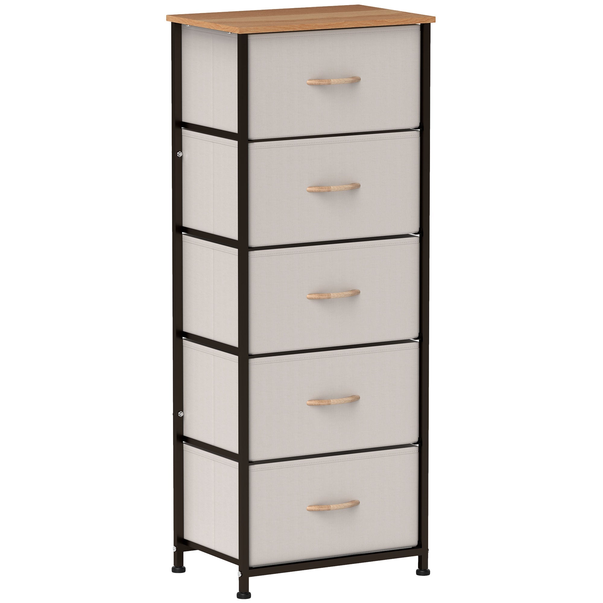 HOMCOM Fabric Chest of Drawers, Storage Drawers, Industrial Bedroom Dresser with 5 Fabric Drawers, Steel Frame and Wooden Top for Nursery, Living Room, Hallway, Cream White 