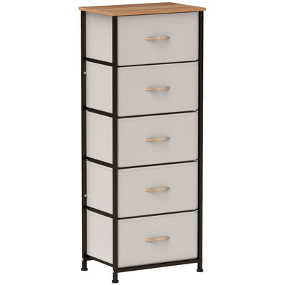 HOMCOM Fabric Chest of Drawers, Storage Drawers, Industrial Bedroom Dresser with 5 Fabric Drawers, Steel Frame and Wooden Top for Nursery, Living Room, Hallway, Cream White 
