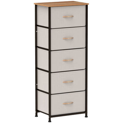 HOMCOM Fabric Chest of Drawers, Storage Drawers, Industrial Bedroom Dresser with 5 Fabric Drawers, Steel Frame and Wooden Top for Nursery, Living Room, Hallway, Cream White 