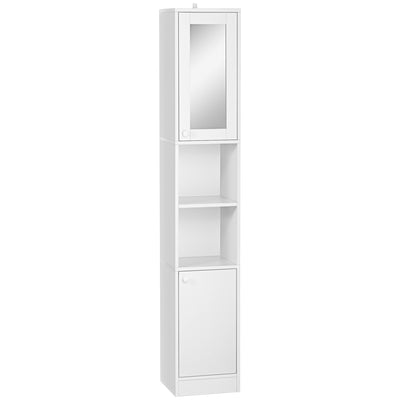 kleankin Tall Bathroom Storage Cabinet with Mirror, Narrow Bathroom Unit, Freestanding Bathroom Cupboard with Adjustable Shelves and 2 Doors, White 