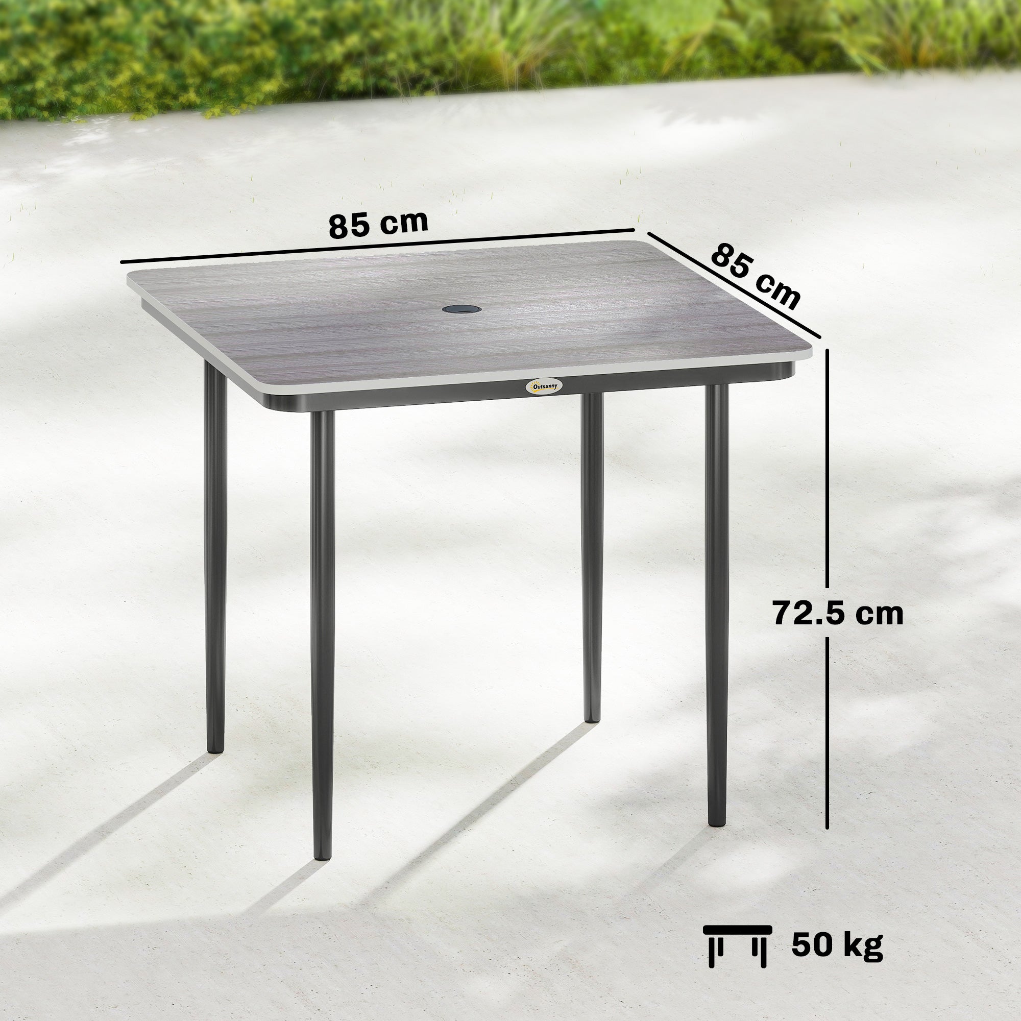 Outsunny Garden Dining Table for 4, 85 cm Square Outdoor Table with Umbrella Hole, Faux Wood Top, Metal Legs, Light Grey 