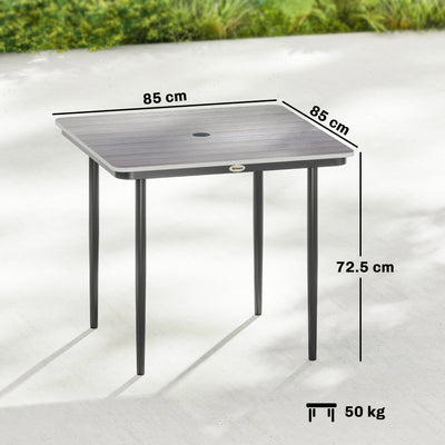 Outsunny Garden Dining Table for 4, 85 cm Square Outdoor Table with Umbrella Hole, Faux Wood Top, Metal Legs, Light Grey 