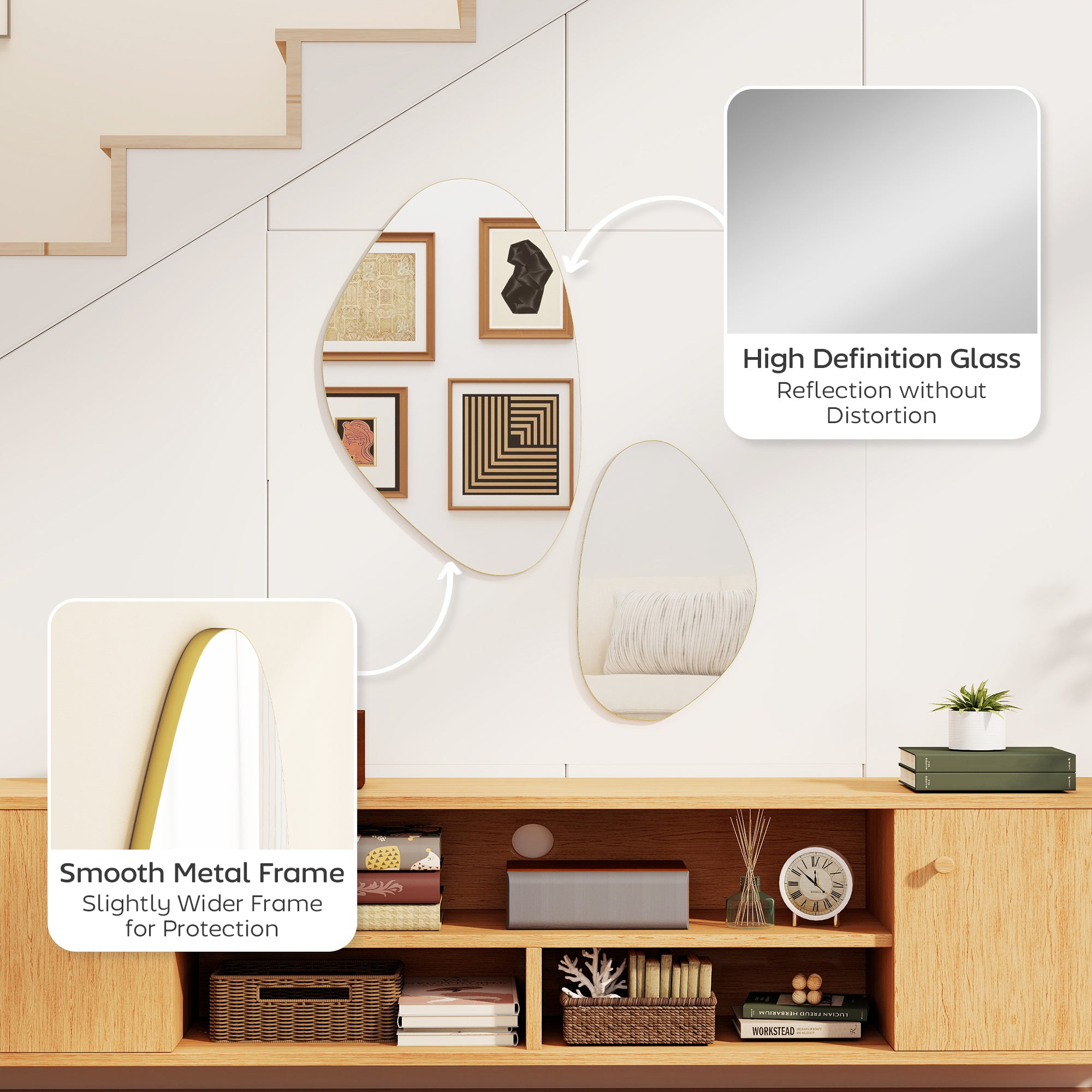 HOMCOM Set of 2 Pebble-Shaped Wall Mirror - Gold Tone 