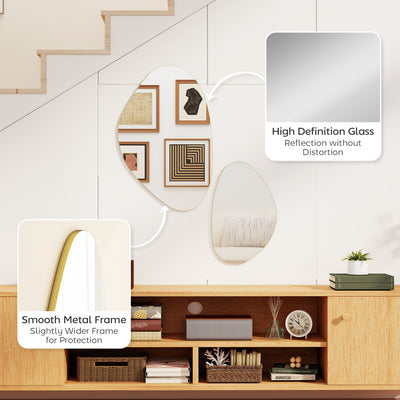HOMCOM Set of 2 Pebble-Shaped Wall Mirror - Gold Tone 