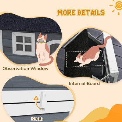 PawHut Outdoor Cat House, Wooden Feral Cat Shelter, with Openable Asphalt Roof, Three Doors - Grey 