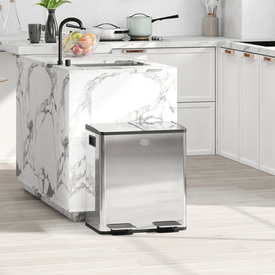 HOMCOM 40L Dual Compartment Stainless Steel Bin, with Deodoriser Holders - Silver Tone 