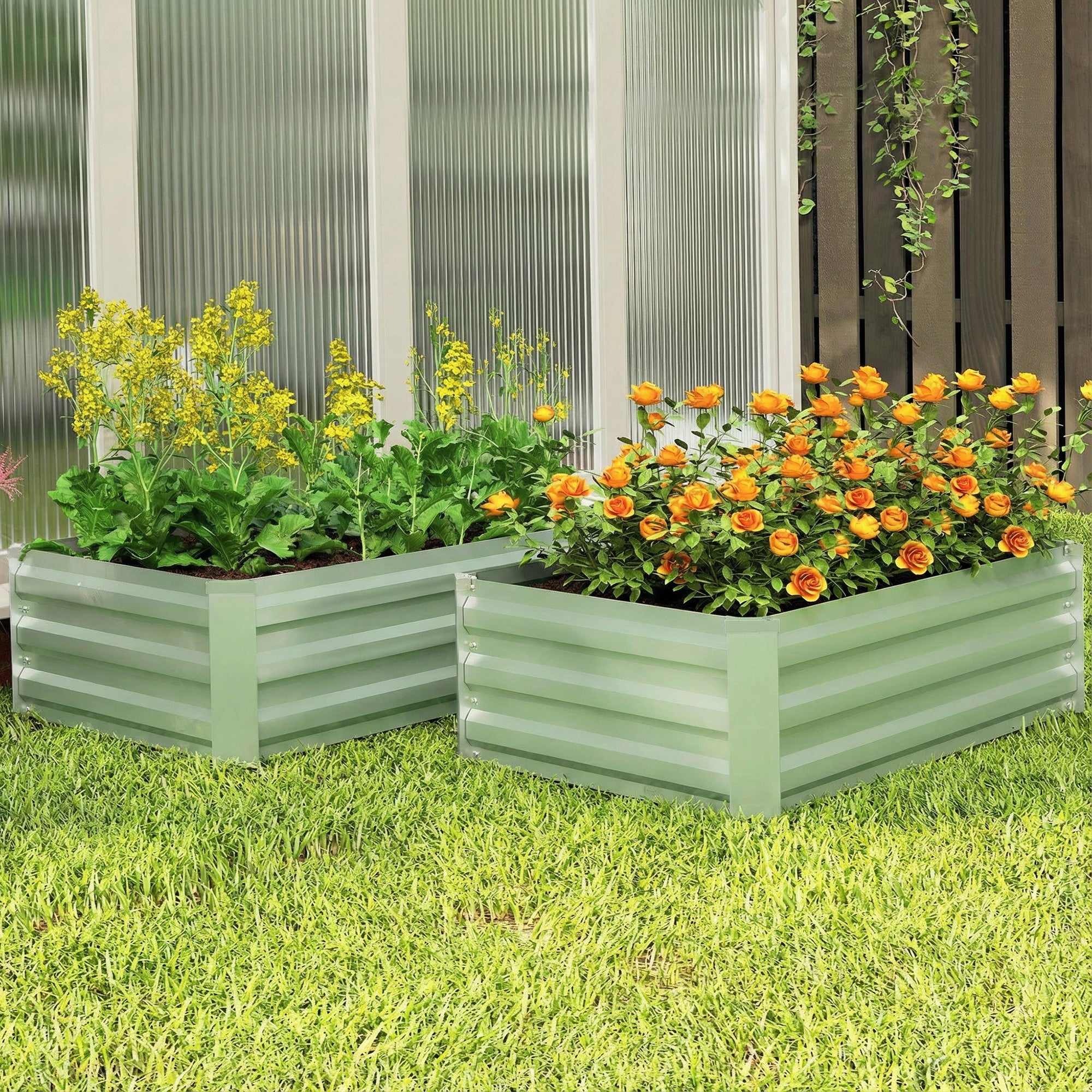 Outsunny Set of Two 100 x 60cm Steel Planter Boxes - Light Green 