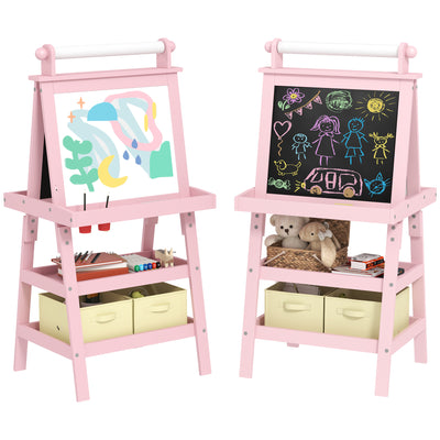 AIYAPLAY 3 in 1 Kids Easel Double-Sided Magnetic Whiteboard and Chalkboard with Paper Roll, Storage Baskets - Pink 