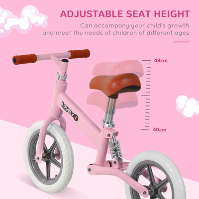 HOMCOM 12" Kids Balance Bike No Pedal Bicycle EVA Tire Adjustable Seat Toddler Training Bike W/ Shock Absorber 2 - 5 Years Gift for Boys Girls Pink 