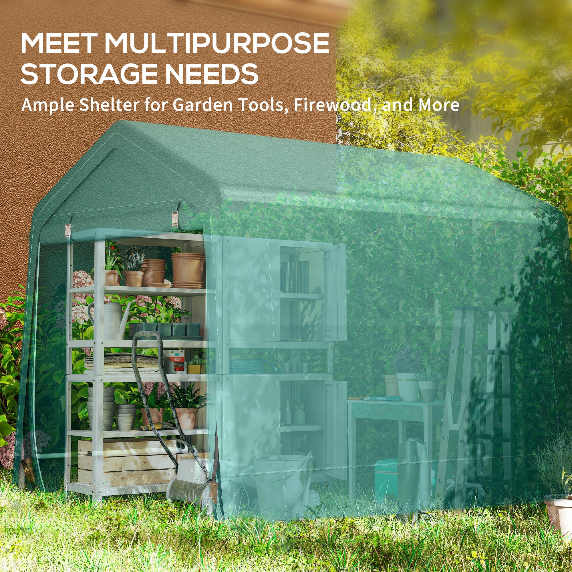 Outsunny 8 x 6.5 ft Outdoor Garden Storage Shed, Waterproof Bike Tent with Double Roll-up Zipper Door for Garden Tools, Green 