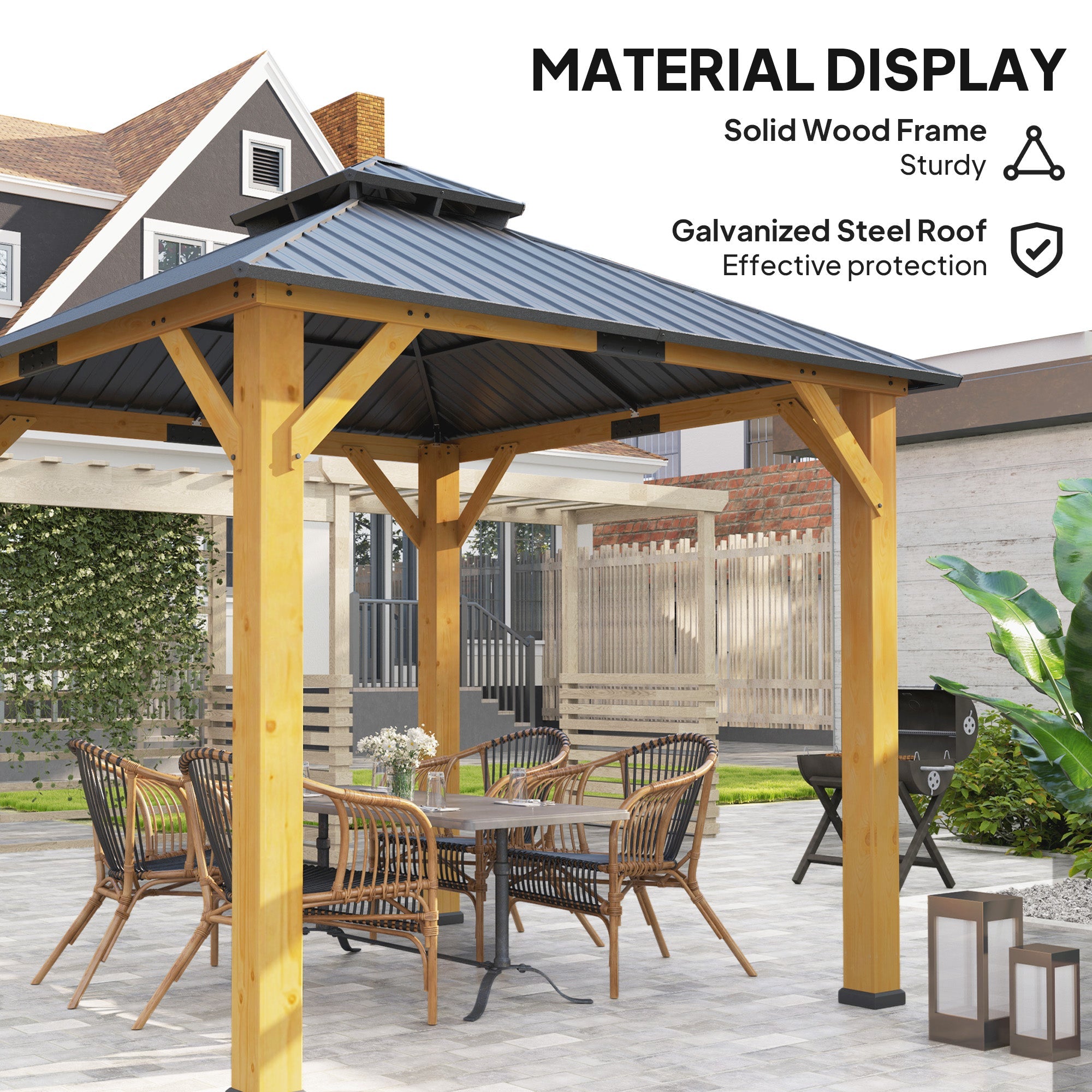 Outsunny 3x(3)M Outdoor Hardtop Gazebo Canopy with 2-Tier Roof and Solid Wood Frame, Outdoor Patio Shelter for Patio, Garden, Grey 