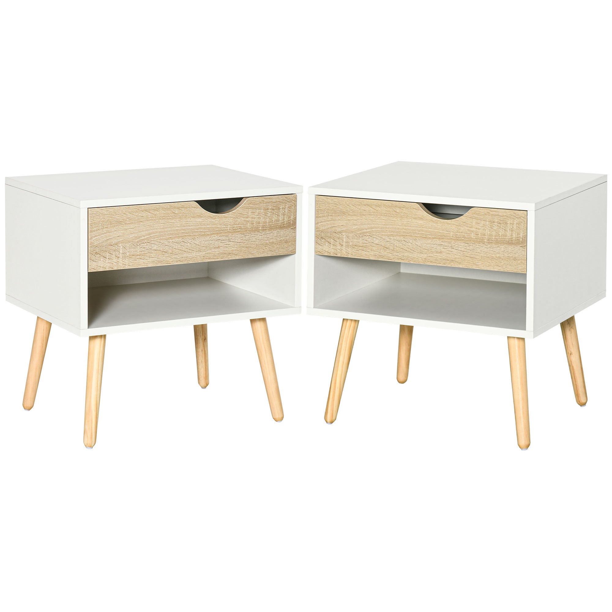 HOMCOM Bedside Table with Drawer and Shelf, Modern Nightstand, End Table for Bedroom, Living Room, Set of 2 