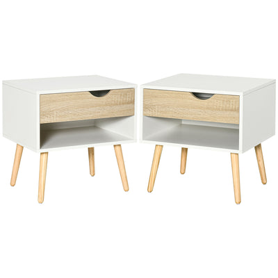 HOMCOM Bedside Table with Drawer and Shelf, Modern Nightstand, End Table for Bedroom, Living Room, Set of 2 