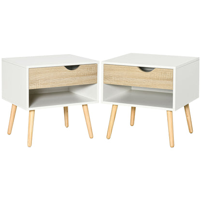 HOMCOM Bedside Table with Drawer and Shelf, Modern Nightstand, End Table for Bedroom, Living Room, Set of 2 