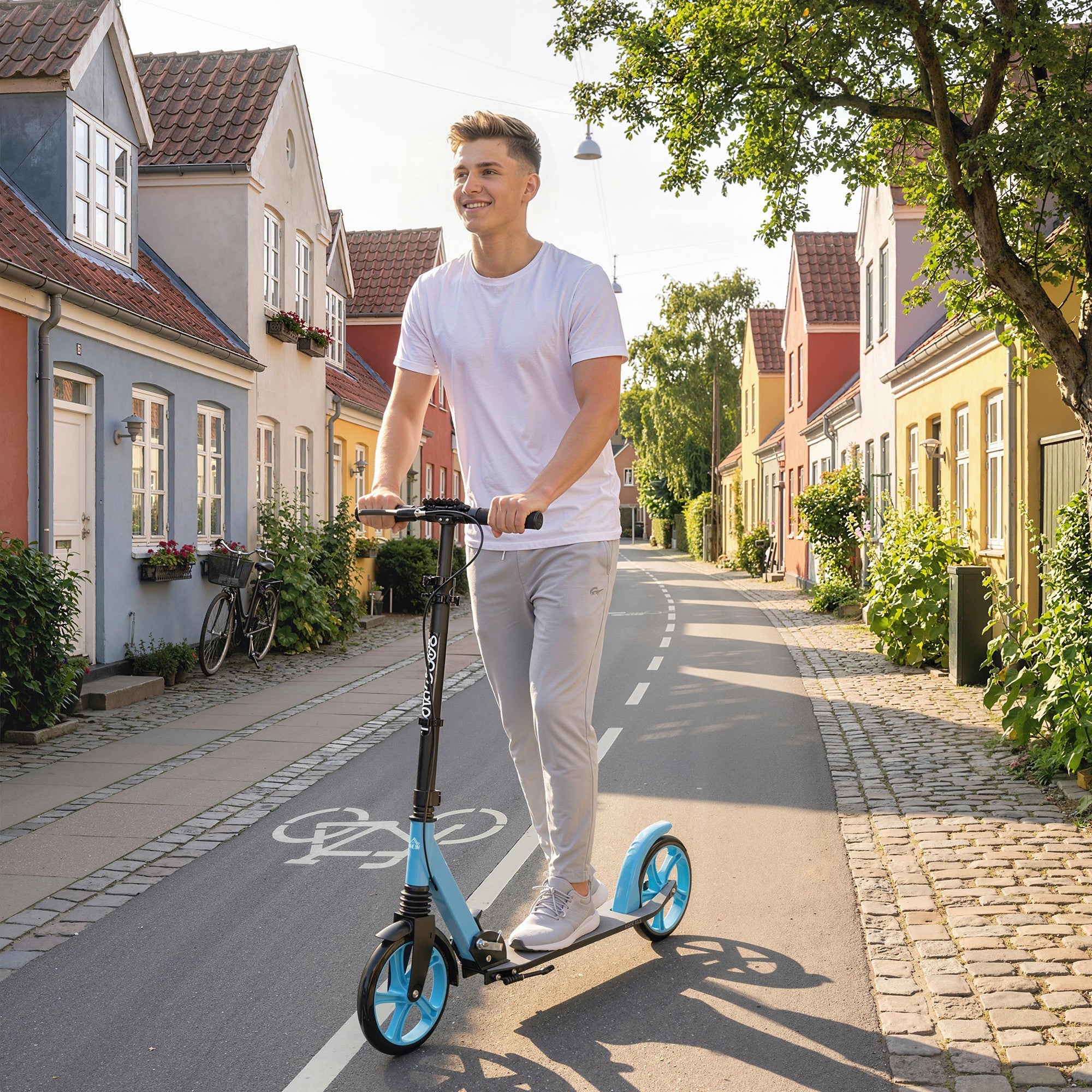 HOMCOM One-click Folding Kick Scooter for 14+ w/ Adjustable Handlebar, Push Scooter with Kickstand, Dual Brake System, Blue 