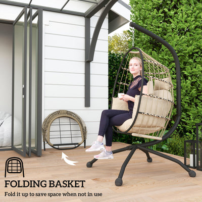 Outsunny Hanging Egg Chair Outdoor Indoor Garden Swing Chair with Folding Basket and Thickened Cushion, Garden Hanging Chair with Stand, Headrest, Cup Holder for Patio, Balcony, Khaki 