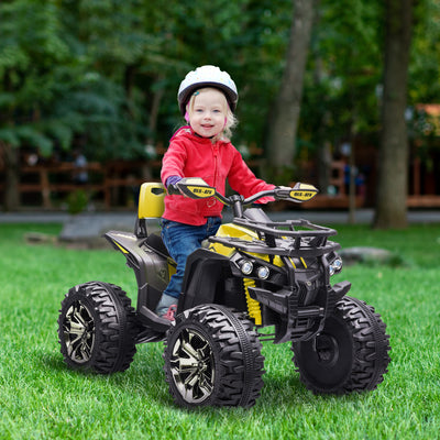 HOMCOM 12V Quad Bike ATV with LED Lights, Music, Backrest, Forward, Backward, Yellow 