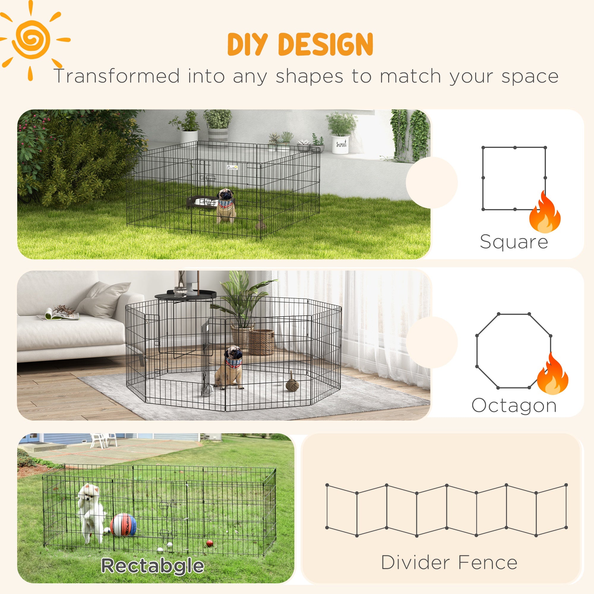 PawHut Dog Playpen, Puppy Pen, Eight-Panel Metal Fence, for Small Dogs, Indoors, Outdoors - Black 