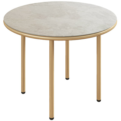 Outsunny Round Small Garden Table, 60cm Outdoor Side Table with Faux Marble Tempered Glass Top, Steel Frame for Garden Patio Balcony, Beige 