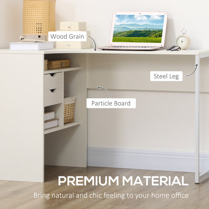 HOMCOM L Shaped Desk, 120cm Computer Desk, Corner Desk with 2 Drawers and 3 Storage Compartments for Home Office, Study Workstation, White 