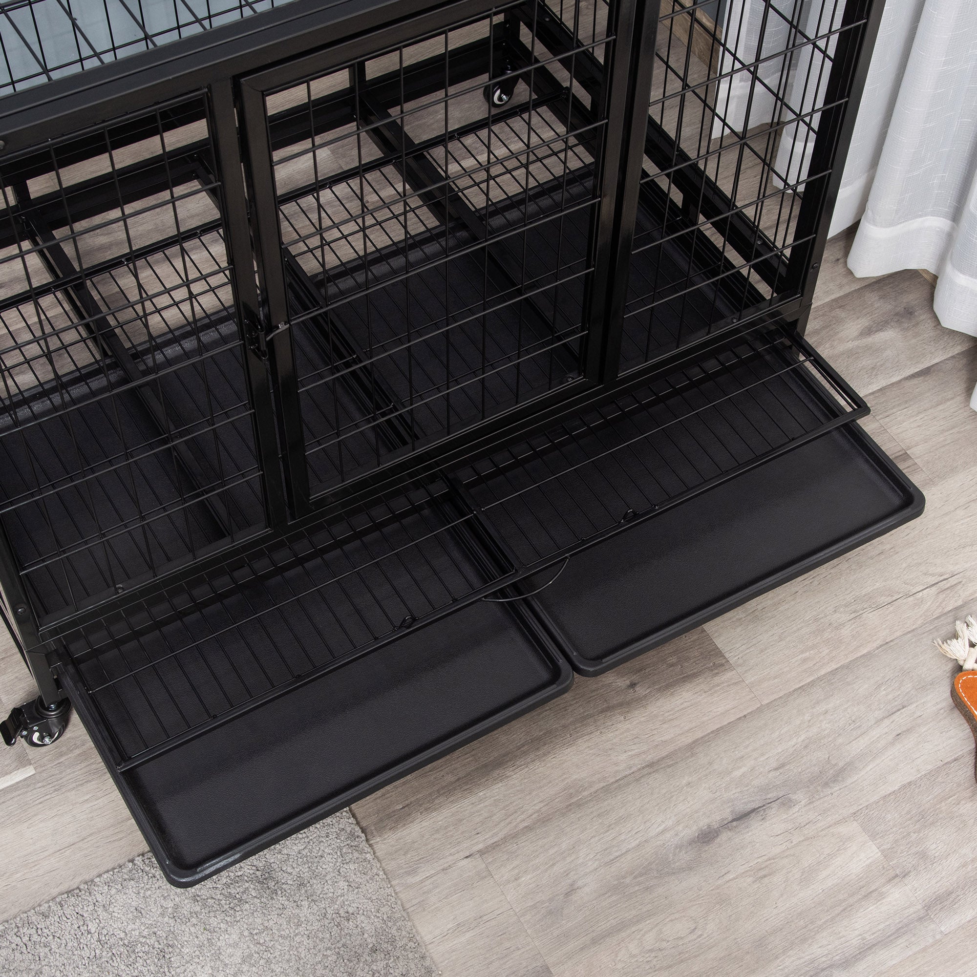 PawHut 43" Heavy Duty Metal Dog Crate Pet Cage with Tray Wheeled Dog Kennel - Black (Large) 