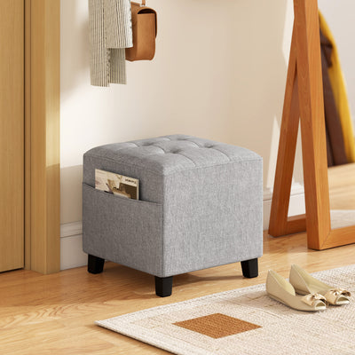 HOMCOM Square Footstool, Small Ottoman with Side Pocket, Linen Fabric Footrest Foot Stool with Rubber Wood Legs and Padded Seat for Living Room, Bedroom, Entryway, 35 x 35 x 35cm, Light Grey 