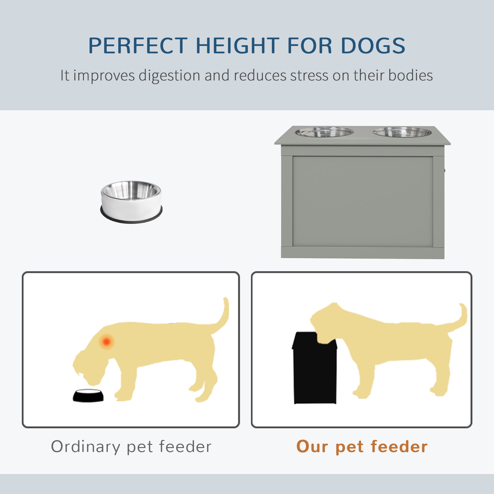 PawHut Raised Dog Bowls, with Storage, Two Stainless Steel Bowls, Elevated Base - Grey 