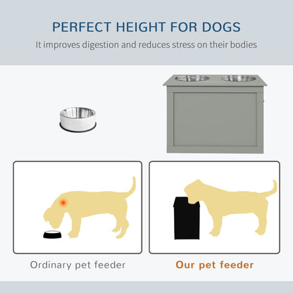 PawHut Raised Dog Bowls, with Storage, Two Stainless Steel Bowls, Elevated Base - Grey 