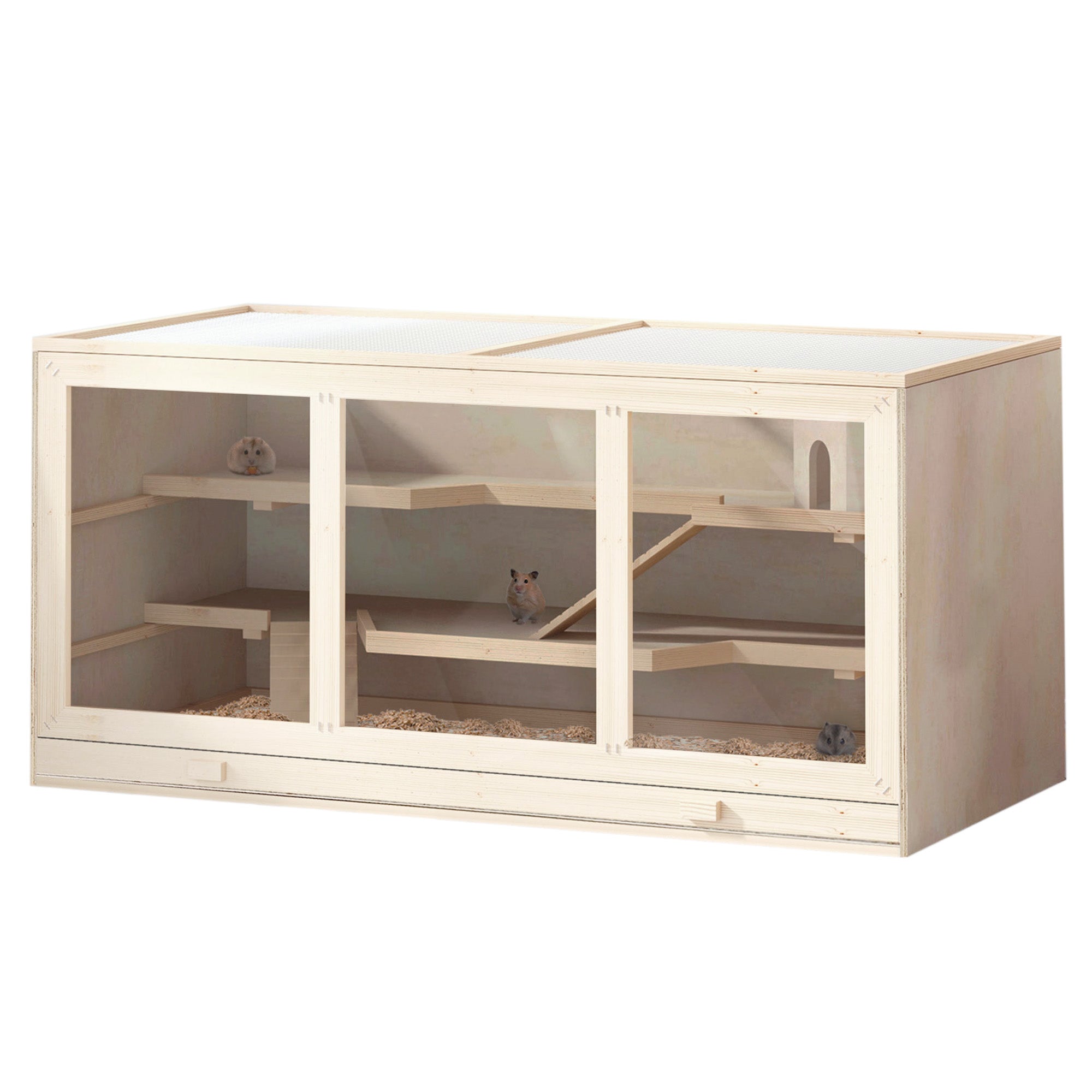 PawHut Wooden Hamster Cage, Small Animals Hutch with Tray, Openable Top, Exercise Play House Pen, 115L x 57W x 55Hcm, Natural 