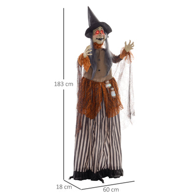HOMCOM 183 cm Life Size Halloween Animated Standing Fat-Faced Witch with Red Light Up Eyes, Sound Activated Moving Arms & Head, Scary Witch Halloween Decorations, Battery Operated, Indoor Party Props 
