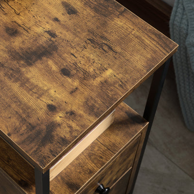 HOMCOM Set of 2 Side Table, Narrow Bedside Table with 2 Drawers and Storage Shelf, Industrial End Table with Metal Frame for Small Spaces, Rustic Brown 