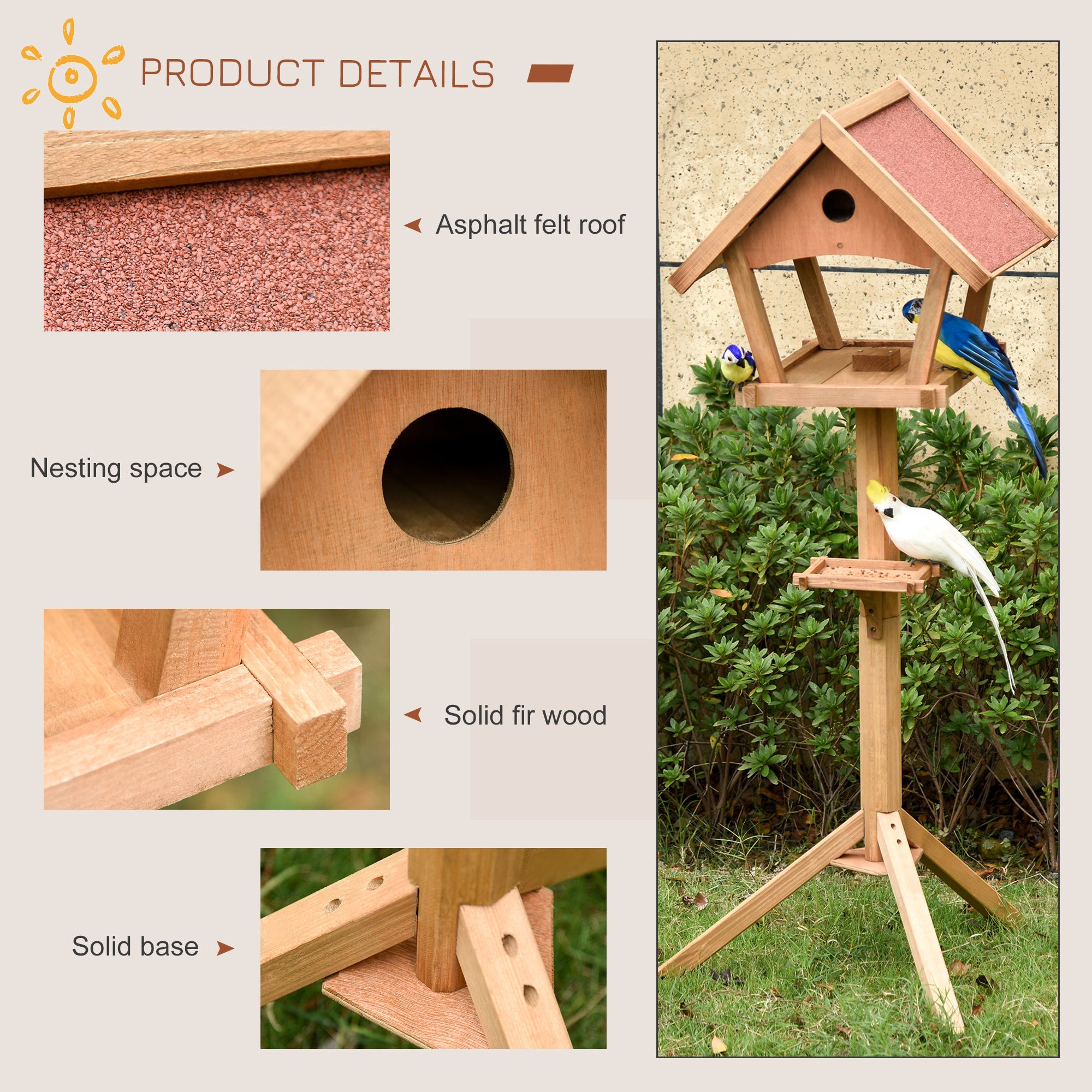 PawHut Wooden Bird Table Freestanding Feeding  Station for Garden Outside ,139H cm, Natural 