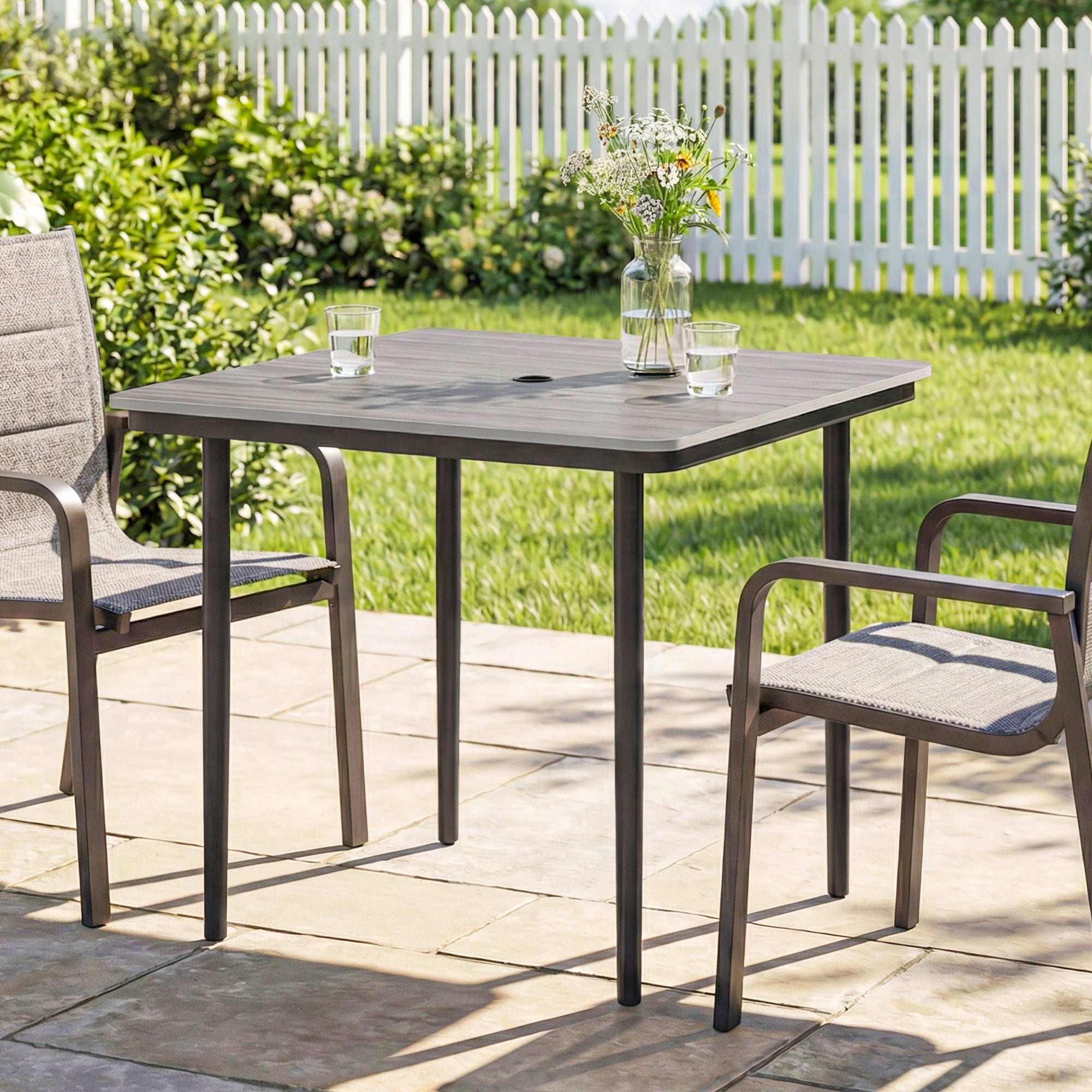 Outsunny Garden Dining Table for 4, 85 cm Square Outdoor Table with Umbrella Hole, Faux Wood Top, Metal Legs, Light Grey 