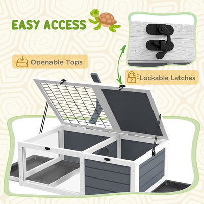PawHut Tortoise Table with Wooden Lamp Holder, Wooden Tortoise House w/ Openable Lids, Pull-Out Trays - Grey 