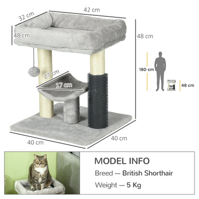 PawHut 48cm Cat Tree with Scratching Posts, Bed, Perch, Self Groomer, Toy - Grey 
