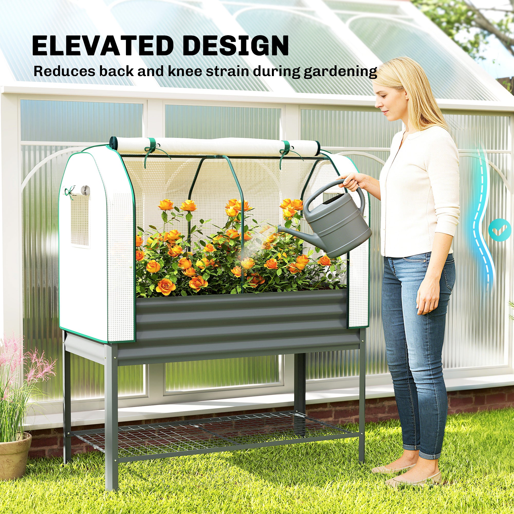 Outsunny Galvanised Raised Planter with Greenhouse Cover, Metal Raised Garden Bed on Legs with Bed Liner and Bottom Shelf 