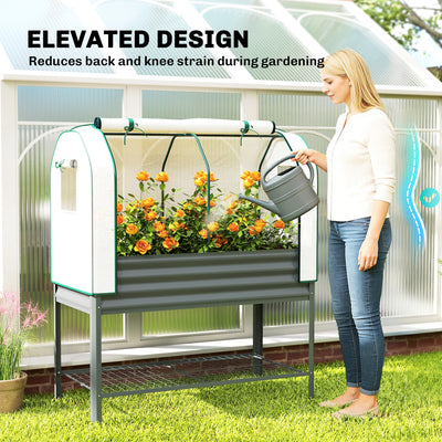 Outsunny Galvanised Raised Planter with Greenhouse Cover, Metal Raised Garden Bed on Legs with Bed Liner and Bottom Shelf 