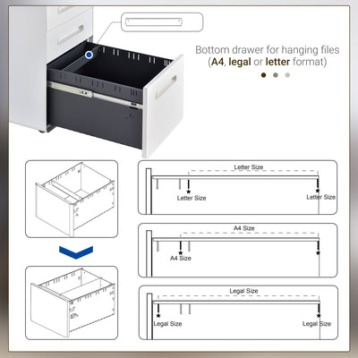 Vinsetto Lockable File Cabinet with 3 Drawers, Vertical Office Drawer for A4, Letter, Legal Size, Anti-tilt Design, Pre-Assembled Body, White 