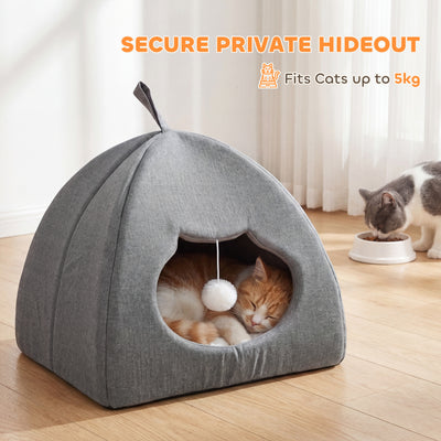 PawHut Cat Cave Bed for Indoor Kittens, Cat House with Removable Cushion and Teaser Ball, Kitty Igloo with Anti-Slip Base, 42 x 42 x 39 cm, Grey 